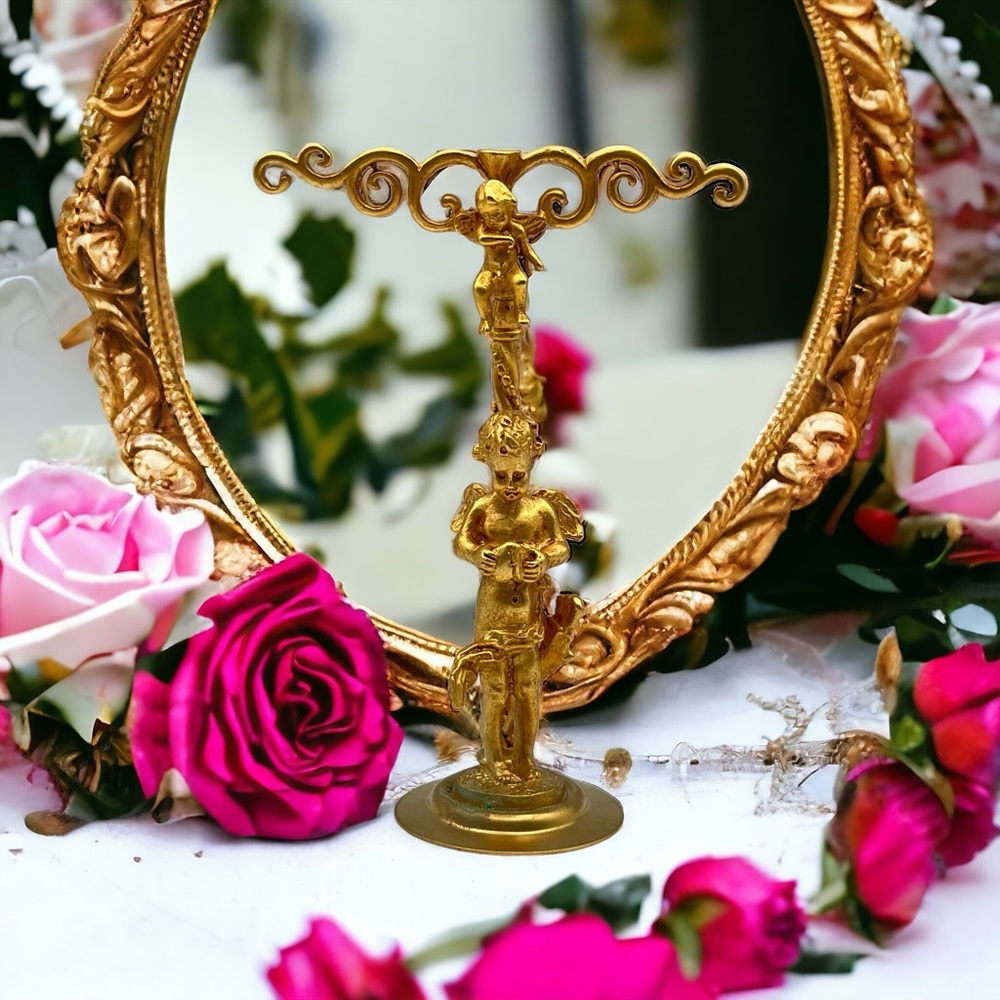 Vintage Kirks Folly Gold Cherubs Goddess Earrings Rings Stand Jewelry Ho…